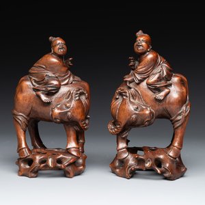 A pair of Chinese carved bamboo groups of a boy riding a buffalo, 19/20th C. — photo 1