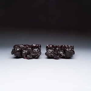 A pair of Chinese carved cherry amber 'Buddhist lions' groups — photo 6