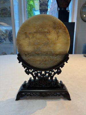 A pair of Chinese carved jade ‘elephant’ plaques on wooden stands, 19th C. — photo 1