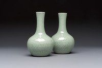 A pair of Chinese celadon-glazed bottle vases with incised phoenix design, Yongzheng mark, 19th C.