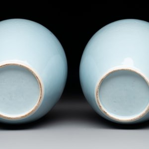 A pair of Chinese claire-de-lune jars and covers on wooden stands, Kangxi mark, 19th C. — foto 6