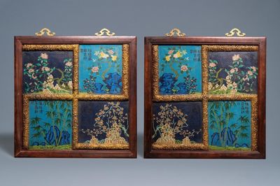 A pair of Chinese cloisonné and gilt bronze inscribed panels, 19/20th C.