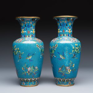 A pair of Chinese cloisonné 'Birds Among Flowering Branches' vases — photo 3