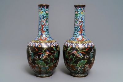 A pair of Chinese cloisonné bottle vases, 19th C.