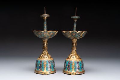 A pair of Chinese cloisonné candle holders, 19th C.