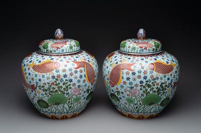 A pair of Chinese cloisonné 'carps' vases and covers, Republic