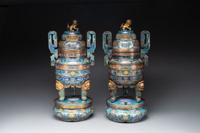 A pair of Chinese cloisonné censers with covers and stands, 19/20th C.