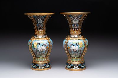 A pair of Chinese cloisonné 'cranes' vases, Republic