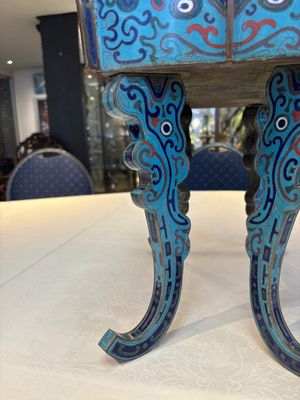 A pair of Chinese cloisonné 'Fangding' censers and covers with Taotie design on carved wooden stands, 19th C. — photo 12