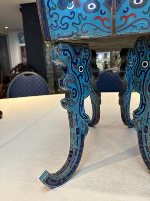 A pair of Chinese cloisonné 'Fangding' censers and covers with Taotie design on carved wooden stands, 19th C. — photo 18