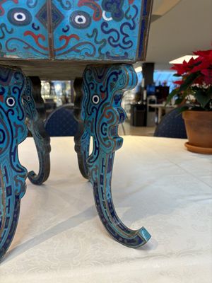 A pair of Chinese cloisonné 'Fangding' censers and covers with Taotie design on carved wooden stands, 19th C. — photo 19