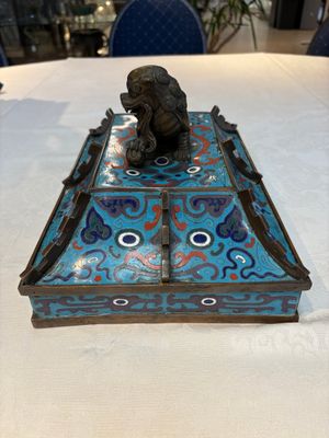 A pair of Chinese cloisonné 'Fangding' censers and covers with Taotie design on carved wooden stands, 19th C. — photo 24