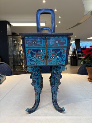A pair of Chinese cloisonné 'Fangding' censers and covers with Taotie design on carved wooden stands, 19th C. — photo 34