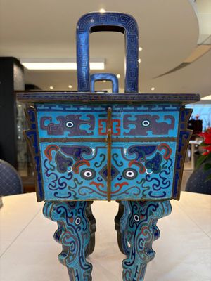 A pair of Chinese cloisonné 'Fangding' censers and covers with Taotie design on carved wooden stands, 19th C. — photo 42