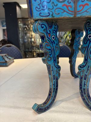 A pair of Chinese cloisonné 'Fangding' censers and covers with Taotie design on carved wooden stands, 19th C. — photo 43