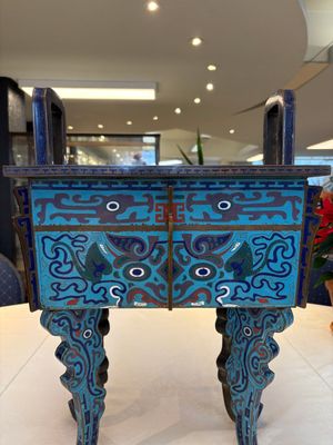 A pair of Chinese cloisonné 'Fangding' censers and covers with Taotie design on carved wooden stands, 19th C. — photo 45