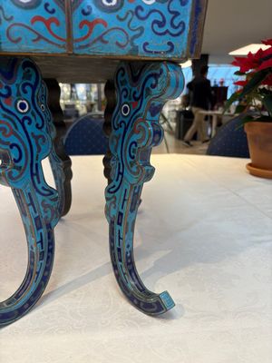 A pair of Chinese cloisonné 'Fangding' censers and covers with Taotie design on carved wooden stands, 19th C. — photo 50