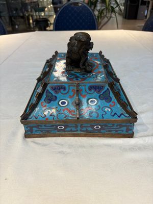 A pair of Chinese cloisonné 'Fangding' censers and covers with Taotie design on carved wooden stands, 19th C. — photo 54