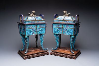 A pair of Chinese cloisonné 'Fangding' censers and covers with Taotie design on carved wooden stands, 19th C.