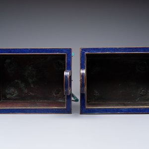 A pair of Chinese cloisonné 'Fangding' censers and covers with Taotie design on carved wooden stands, 19th C. — photo 6