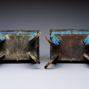 A pair of Chinese cloisonné 'Fangding' censers and covers with Taotie design on carved wooden stands, 19th C. — photo 7