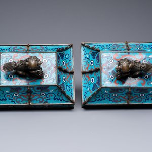 A pair of Chinese cloisonné 'Fangding' censers and covers with Taotie design on carved wooden stands, 19th C. — photo 8