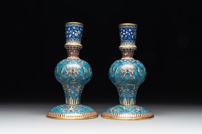 A pair of Chinese cloisonné 'ganglu ping' or holy water vases, 18/19th C.