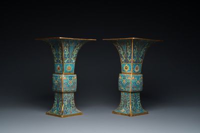 A pair of Chinese cloisonné 'gu' vases, Kangxi