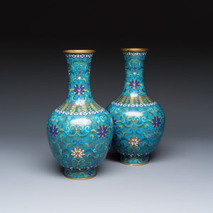 A pair of Chinese cloisonné 'Lotus Scroll' bottle vases — photo 1