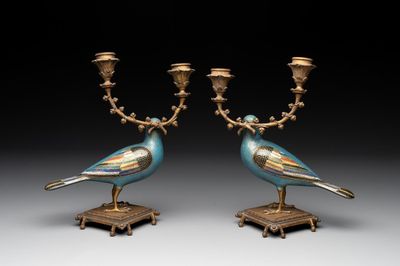 A pair of Chinese cloisonné pigeons mounted as candelabras, 19th C.