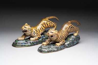 A pair of Chinese cloisonné tigers, Republic