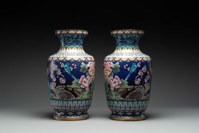 A pair of Chinese cloisonné vases with birds among flowering branches, 20th C.