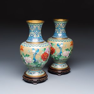 A pair of Chinese cloisonné vases with birds among flowering branches on wooden stands — photo 1