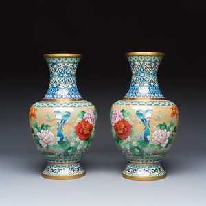 A pair of Chinese cloisonné vases with birds among flowering branches on wooden stands — photo 2