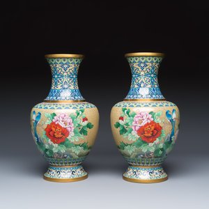 A pair of Chinese cloisonné vases with birds among flowering branches on wooden stands — photo 3