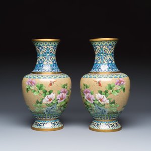A pair of Chinese cloisonné vases with birds among flowering branches on wooden stands — photo 4