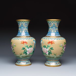 A pair of Chinese cloisonné vases with birds among flowering branches on wooden stands — photo 5