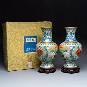 A pair of Chinese cloisonné vases with birds among flowering branches on wooden stands — photo 10