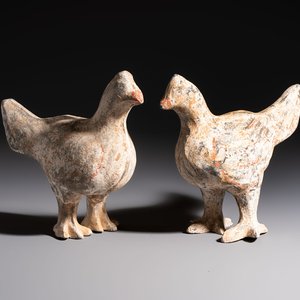 A pair of Chinese cold painted terracotta roosters, Han or later — foto 1