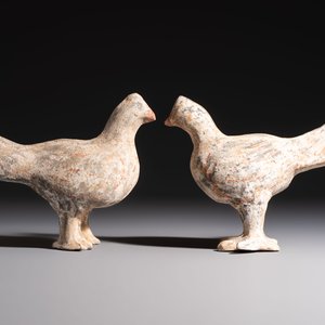 A pair of Chinese cold painted terracotta roosters, Han or later — foto 2