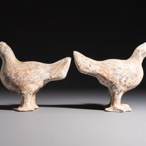 A pair of Chinese cold painted terracotta roosters, Han or later — foto 3