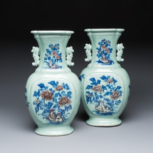 A pair of Chinese copper-red, blue and white celadon-ground vases  — photo 1