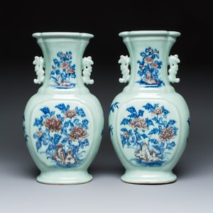 A pair of Chinese copper-red, blue and white celadon-ground vases  — photo 2