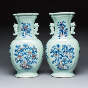A pair of Chinese copper-red, blue and white celadon-ground vases  — photo 4