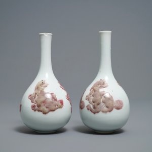A pair of Chinese copper red 'mythical beasts' vases, Kangxi — photo 2