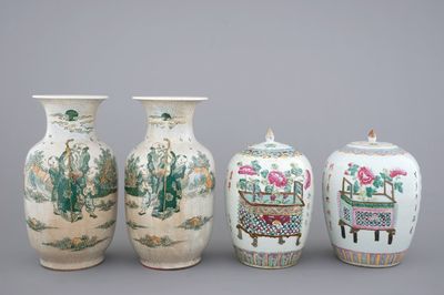 A pair of Chinese crackle glaze vases and two famille rose jars, 19/20th C.