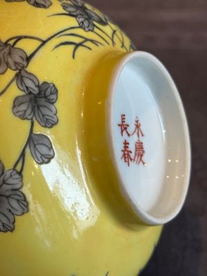 A pair of Chinese 'Da Ya Zhai 大雅齋' yellow-ground grisaille bowls, Yong Qing Chang Chun 永慶長春 mark, 20th C. — photo 13