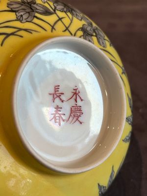 A pair of Chinese 'Da Ya Zhai 大雅齋' yellow-ground grisaille bowls, Yong Qing Chang Chun 永慶長春 mark, 20th C. — photo 14