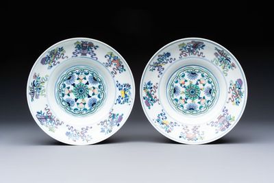 A pair of Chinese doucai 'anbaxian 暗八仙' plates, Xianfeng mark and of the period