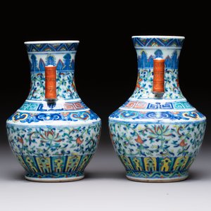 A pair of Chinese doucai 'Hu' vases with lotus scroll design, Qianlong mark, 19th C. — photo 2